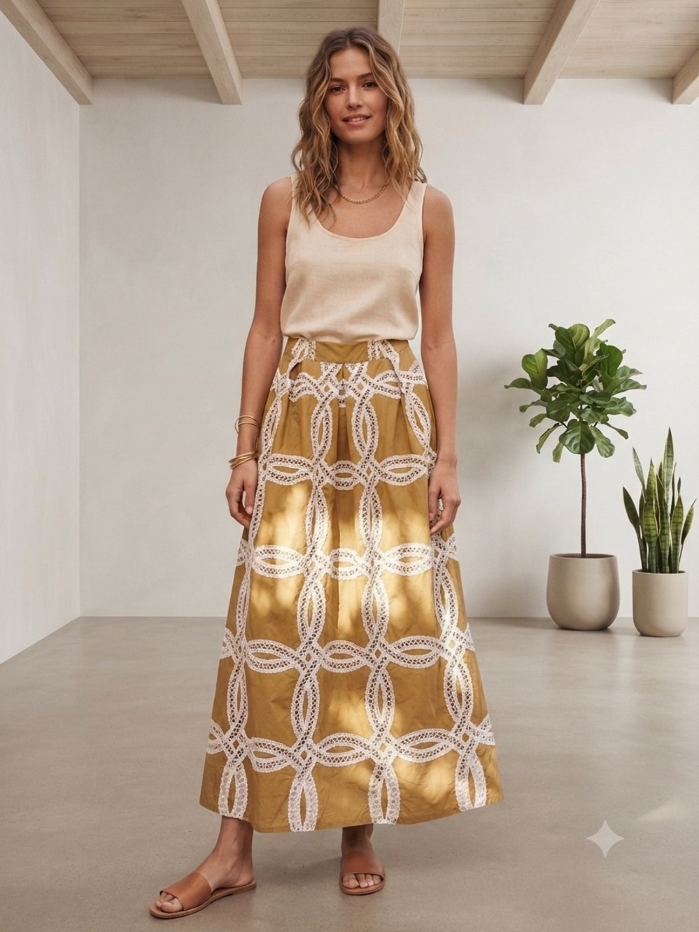 chic Gold and White Embroidered Maxi Skirt